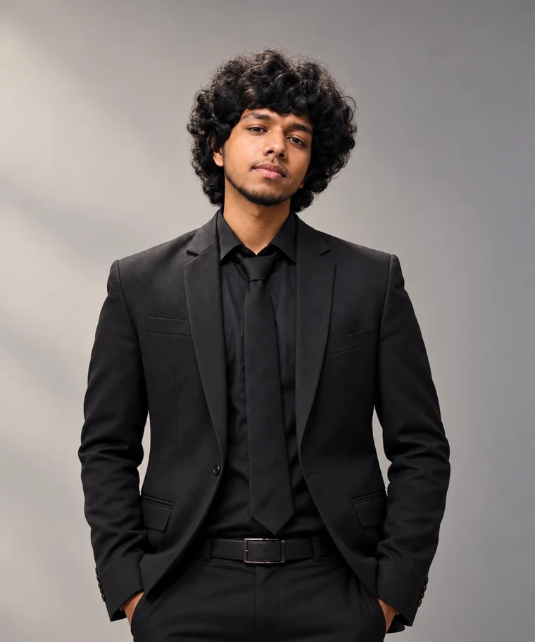 Dineth Basura wearing a black suit in a studio portrait